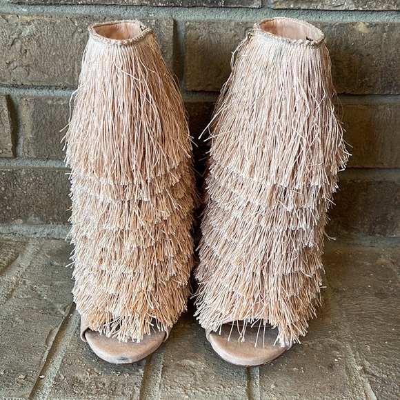 Nelly Bernal Mambo Champagne Fringe Open Toe Stiletto High Heels - Picture 10 of 12